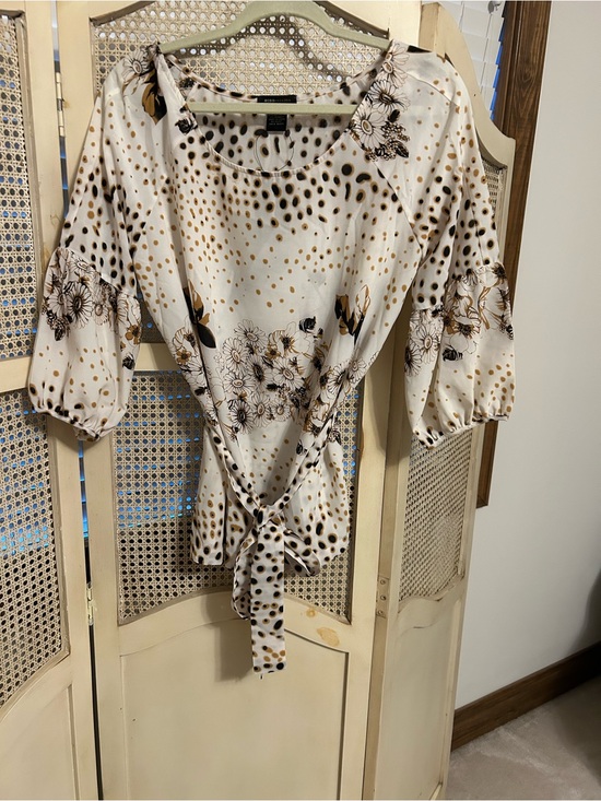 BCBGMaxAzria Tops - BCBGMaxAzria White Blouse with Gold & Black Floral Dot Print